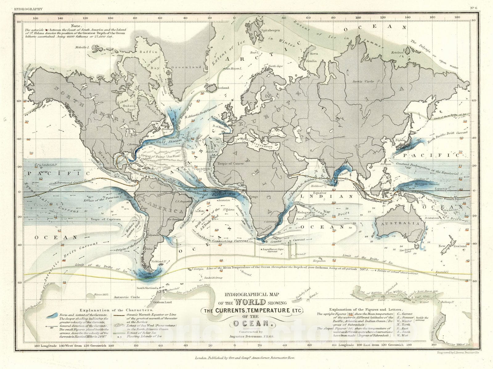 Physical Atlas - 1850 Hydrographical Map of the World Showing the Curr ...