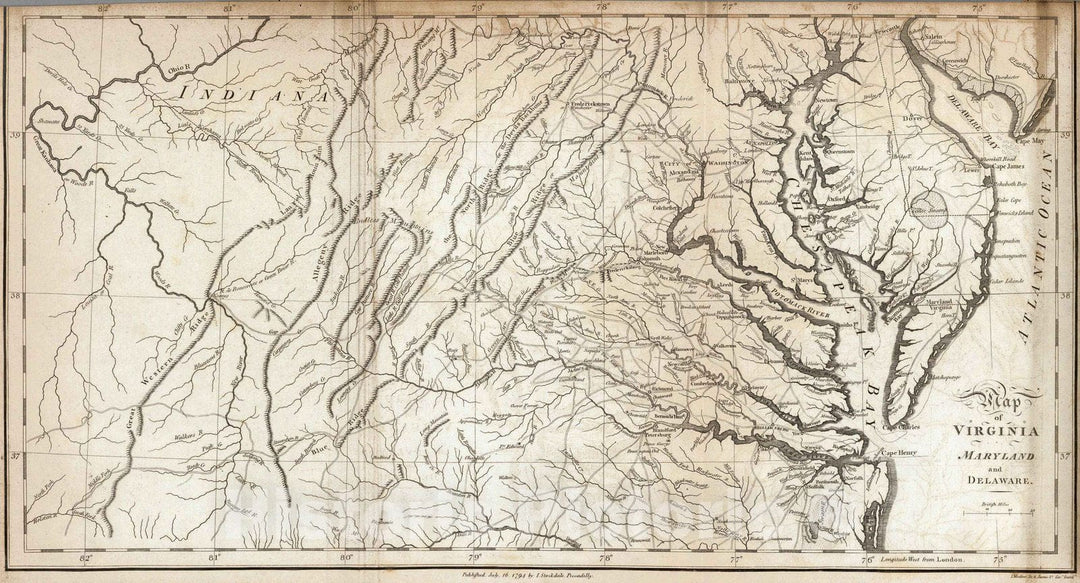 Historic Map : Geography Book - 1794 Virginia, Maryland and Delaware. - Vintage Wall Art