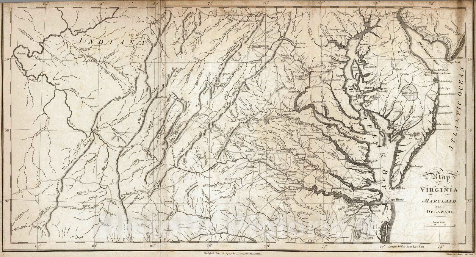 Historic Map : Geography Book - 1794 Virginia, Maryland and Delaware. - Vintage Wall Art