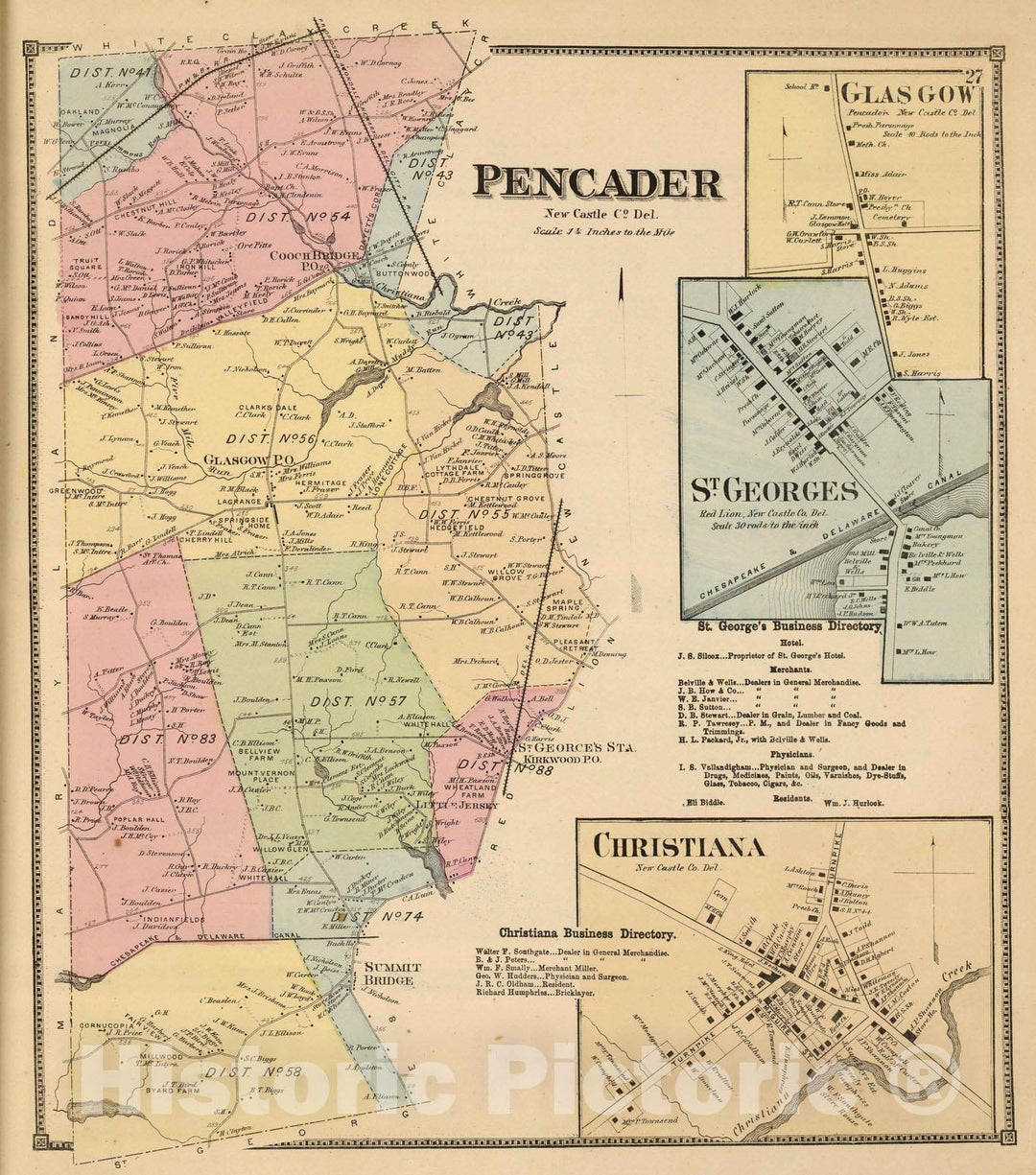 Historic Map : Christiana (Del.), Delaware, 1868 Pencader. , Vintage Wall Art