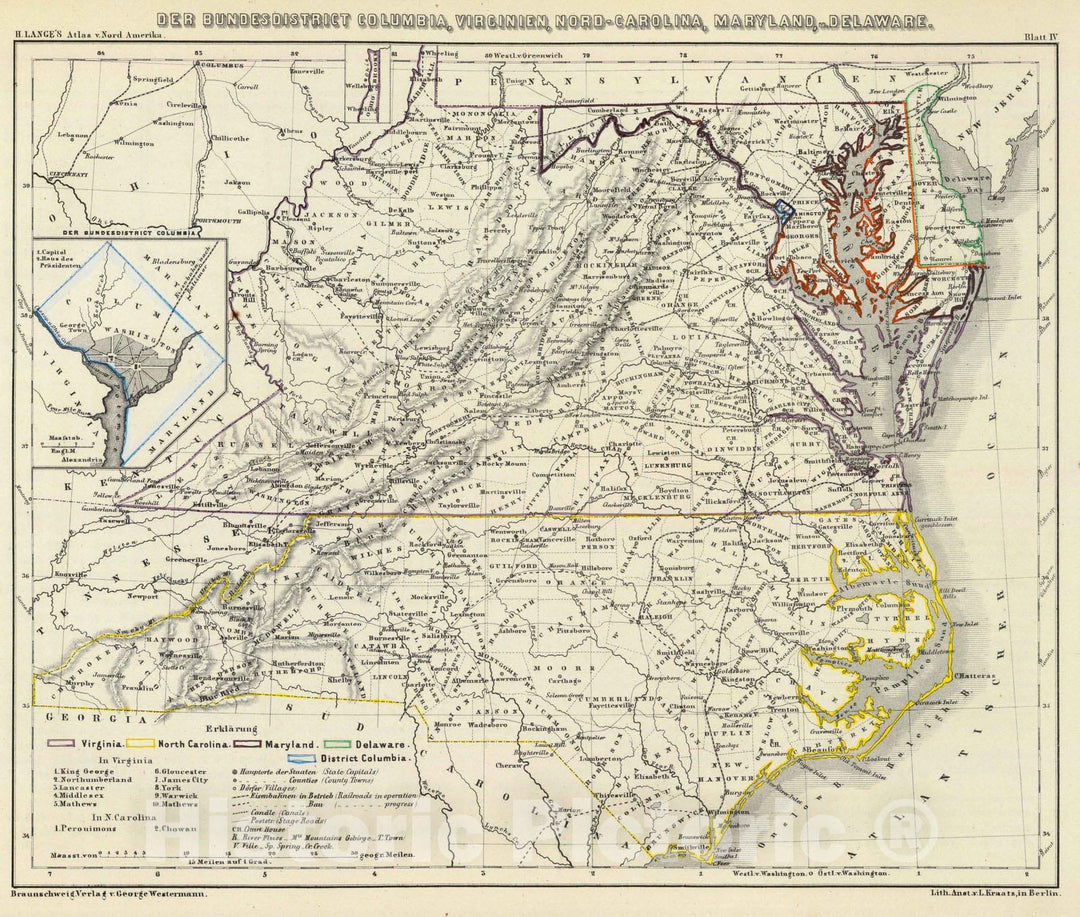 Historic Map : National Atlas - 1854 Der Bundesdistrict Columbia, Virginien, Nord-Carolina, Maryland, u. Delaware. - Vintage Wall Art