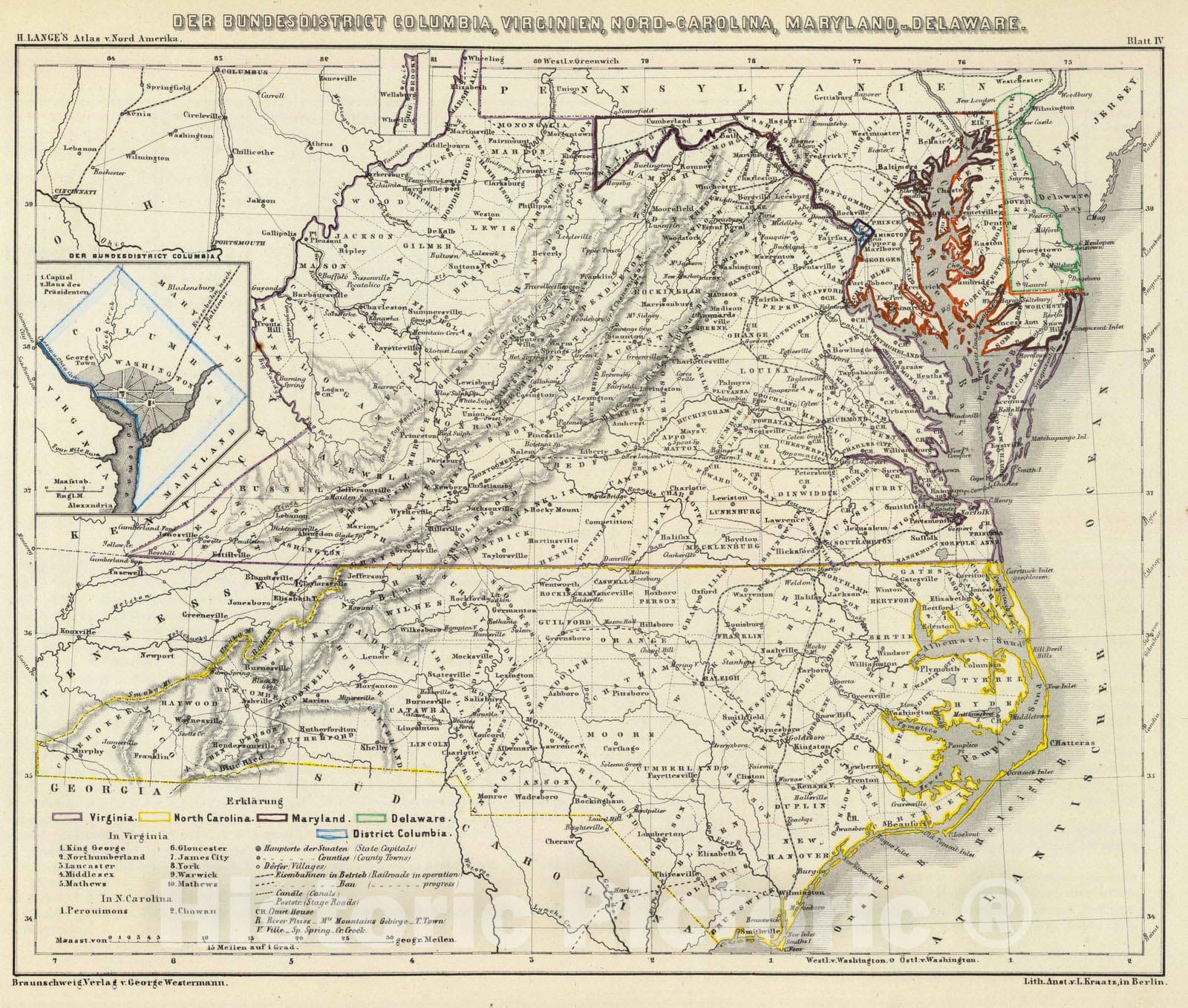 Historic Map : National Atlas - 1854 Der Bundesdistrict Columbia, Virginien, Nord-Carolina, Maryland, u. Delaware. - Vintage Wall Art