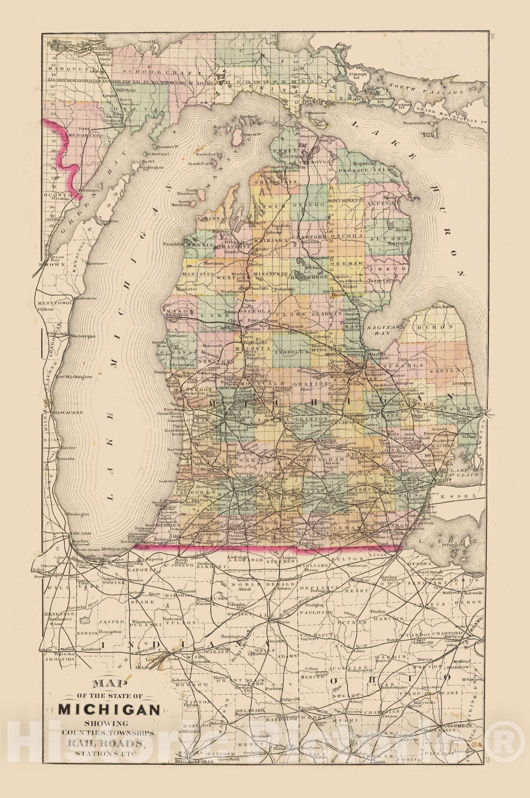 Historic Map : 1873 Map of the State of Michigan showing counties, townships, rail roads, - Vintage Wall Art