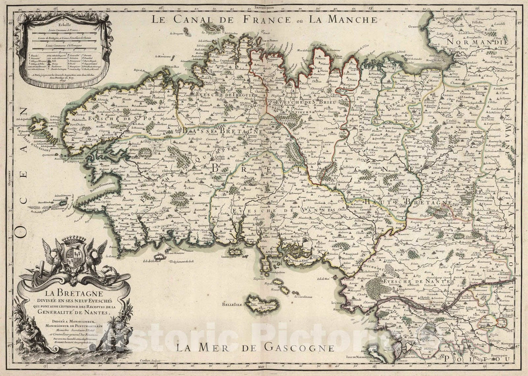 Historic Map : Brittany , France 1695 La Bretagne. Generalite de Nantes. , Vintage Wall Art