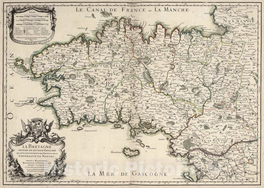Historic Map : Brittany , France 1695 La Bretagne. Generalite de Nantes. , Vintage Wall Art