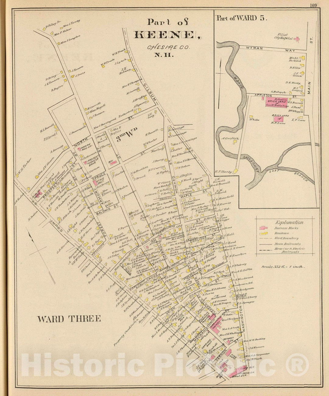Historic Map : 1892 Keene, Ward 3, 5. - Vintage Wall Art