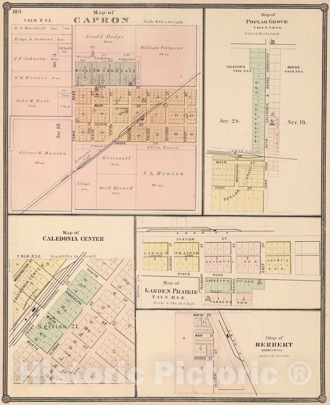 Historic Map : 1886 Capron. Caledonia Center. Poplar Grove. Garden Prairie. Village of Herbert, Boone County, Illinois. - Vintage Wall Art