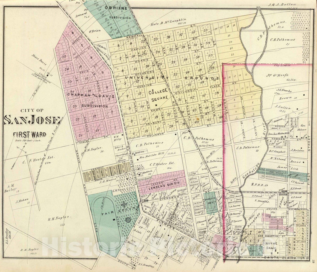 Historic Map : 1876 San Jose 1st ward. - Vintage Wall Art