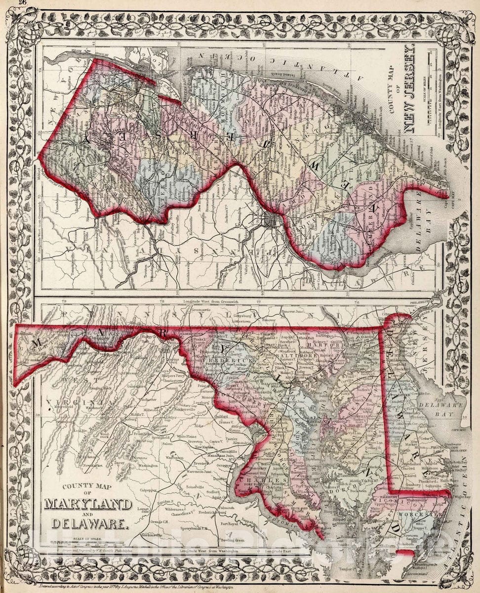 Historic Map : 1874 County map of New Jersey. (and) County map of Maryland and Delaware - Vintage Wall Art