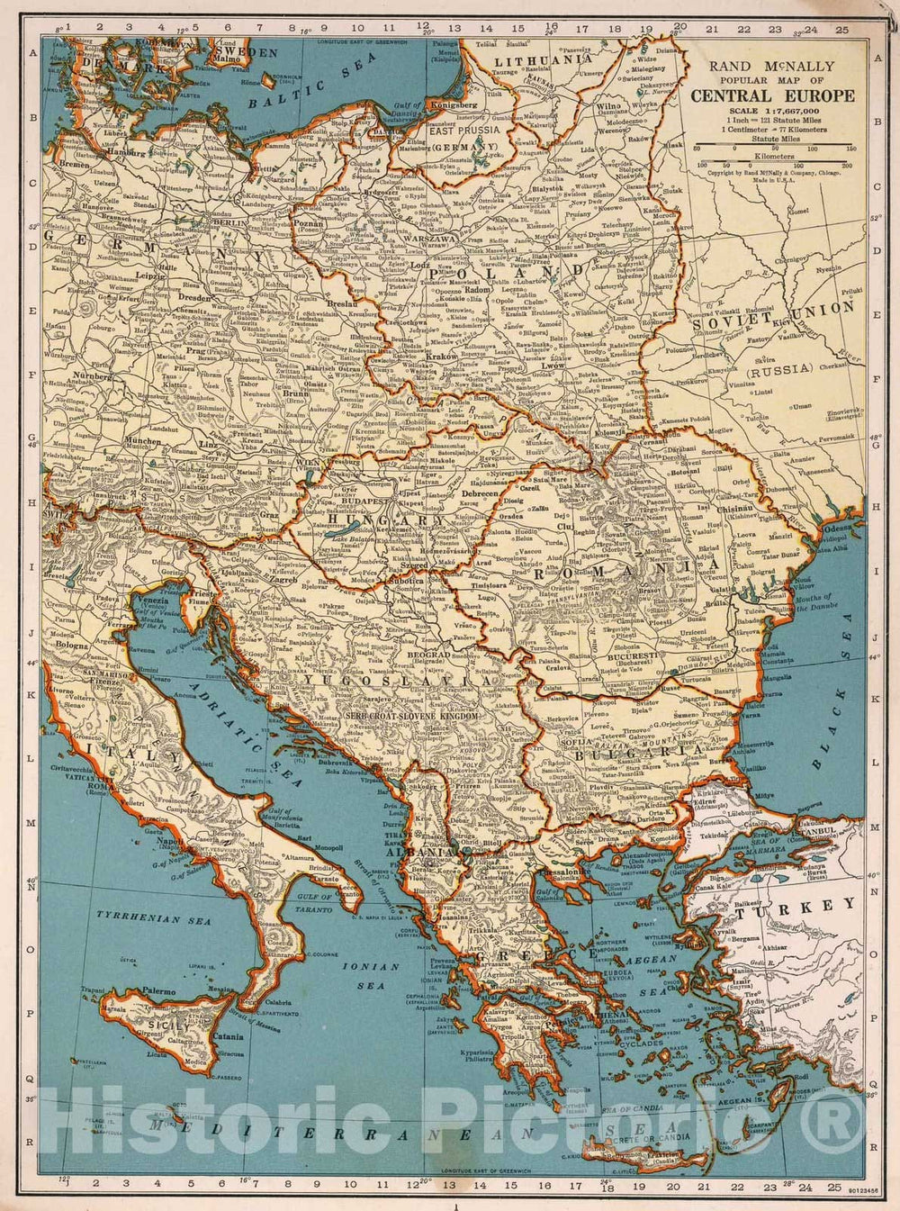Historic Map - World Atlas - 1939 Rand McNally Popular map of the Central Europe - Vintage Wall Art