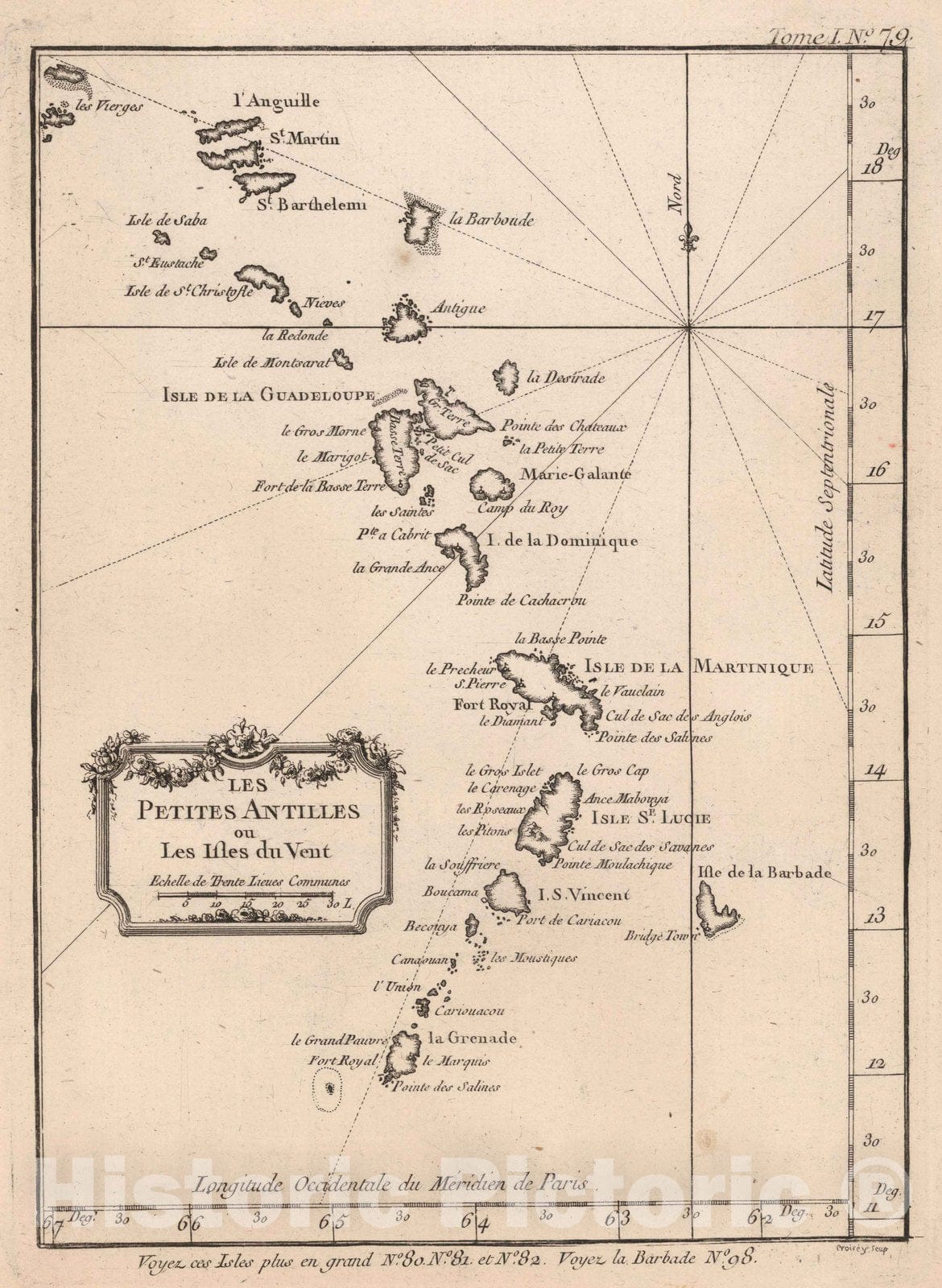 Historic Wall Map : Windward Islands (U.K.), , West Indies 1764 Les Petites Antilles ou les isles du Vent. Croisey, aculp. , Vintage Wall Art