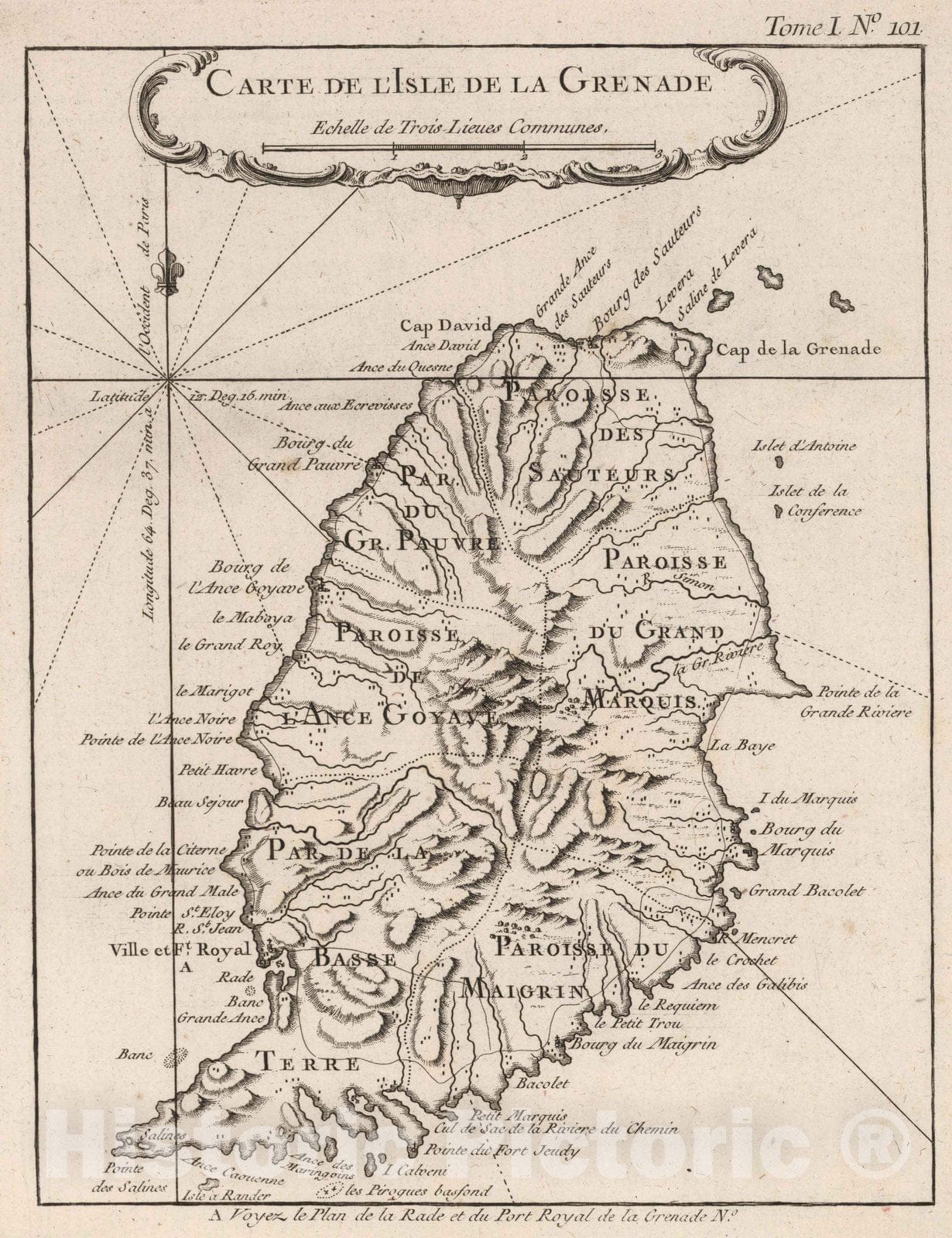Historic Wall Map : Grenada, , West Indies 1764 Carte de I'isle de la Grenade , Vintage Wall Art