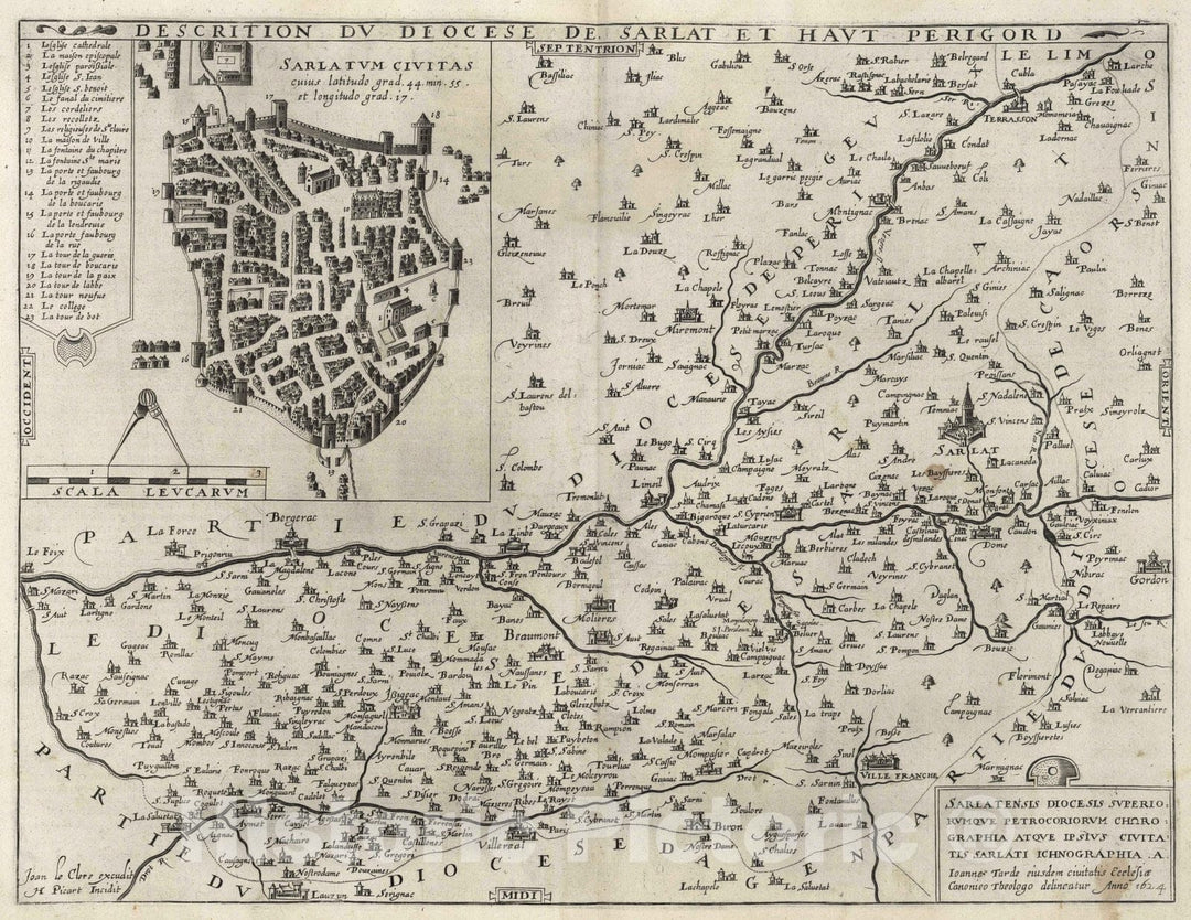Historic Map : Sarlat , France, Dordogne France 1624 Sarlatensis Diocesis Superiorumque Petrocoriorum Chorographia, Vintage Wall Art