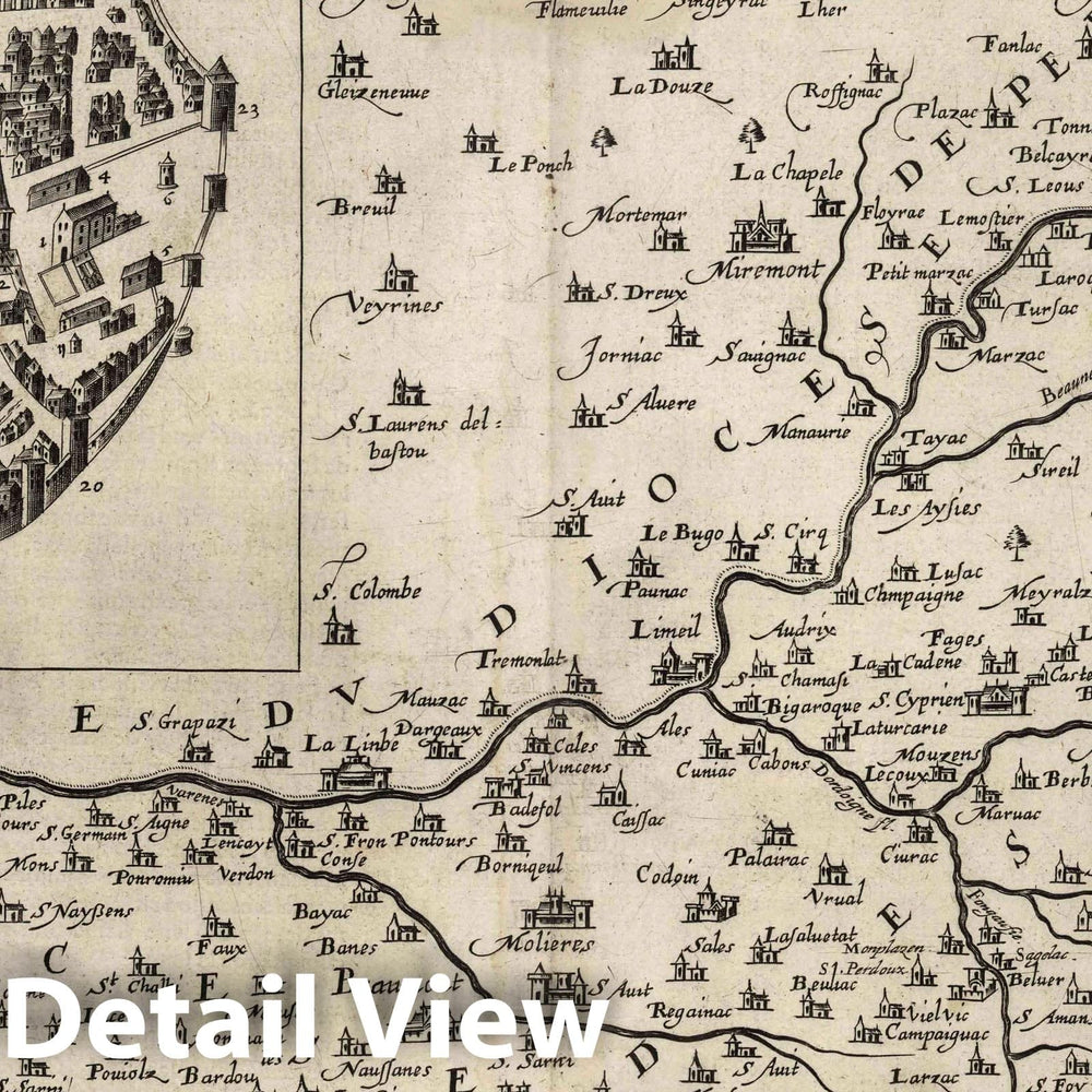 Historic Map : Sarlat , France, Dordogne France 1624 Sarlatensis Diocesis Superiorumque Petrocoriorum Chorographia, Vintage Wall Art