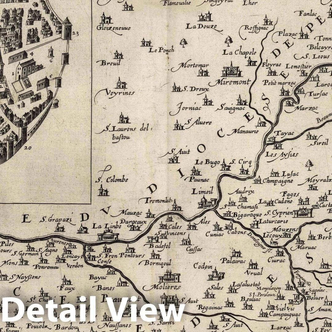 Historic Map : Sarlat , France, Dordogne France 1624 Sarlatensis Diocesis Superiorumque Petrocoriorum Chorographia, Vintage Wall Art