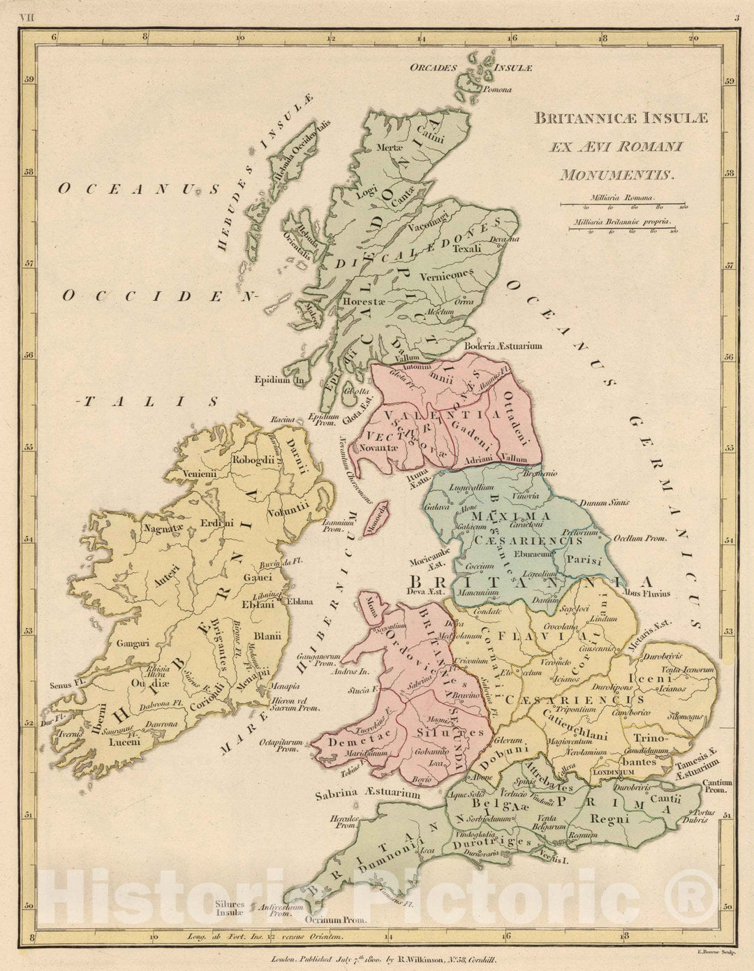 Historic Wall Map : Great Britain, British Isles 1800 Britannicae Insulae en Aevi Romani Monumentis. , Vintage Wall Art