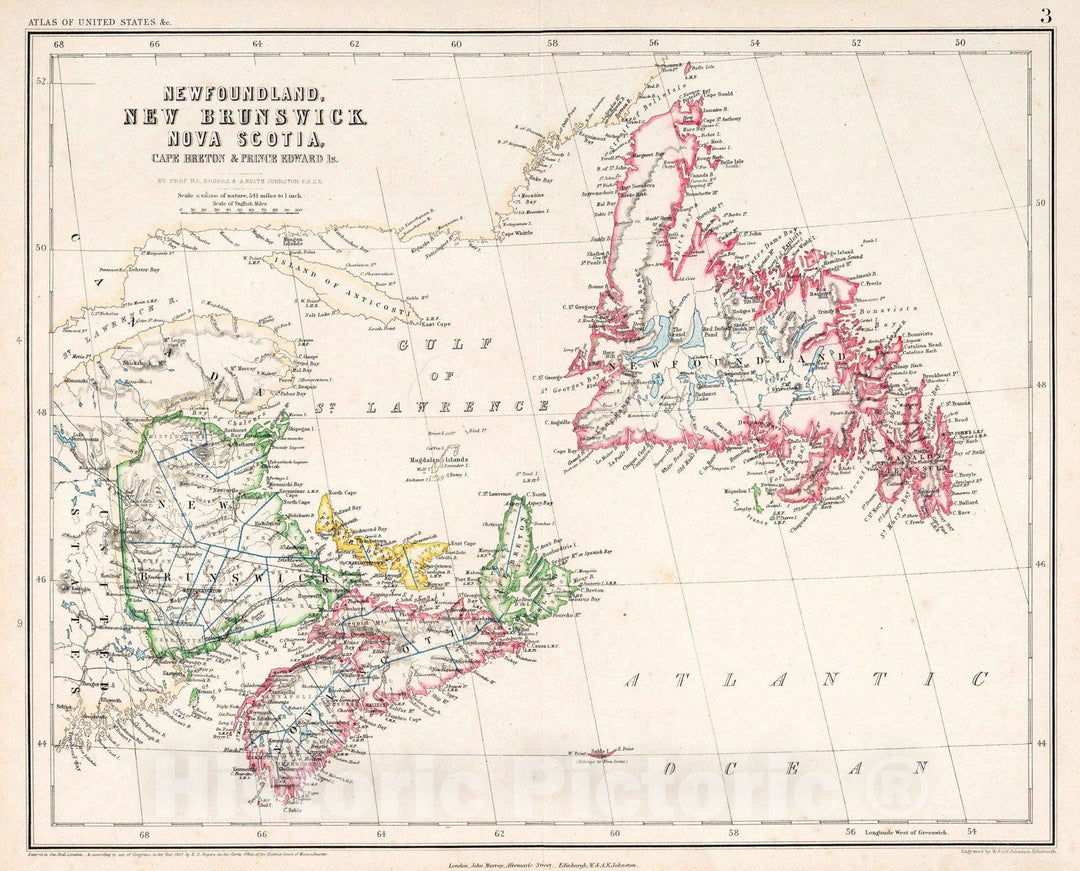 Historic Map : National Atlas - 1857 Newfoundland, New Brunswick, Nova Scotia, Cape Breton & Prince Edward Is. - Vintage Wall Art
