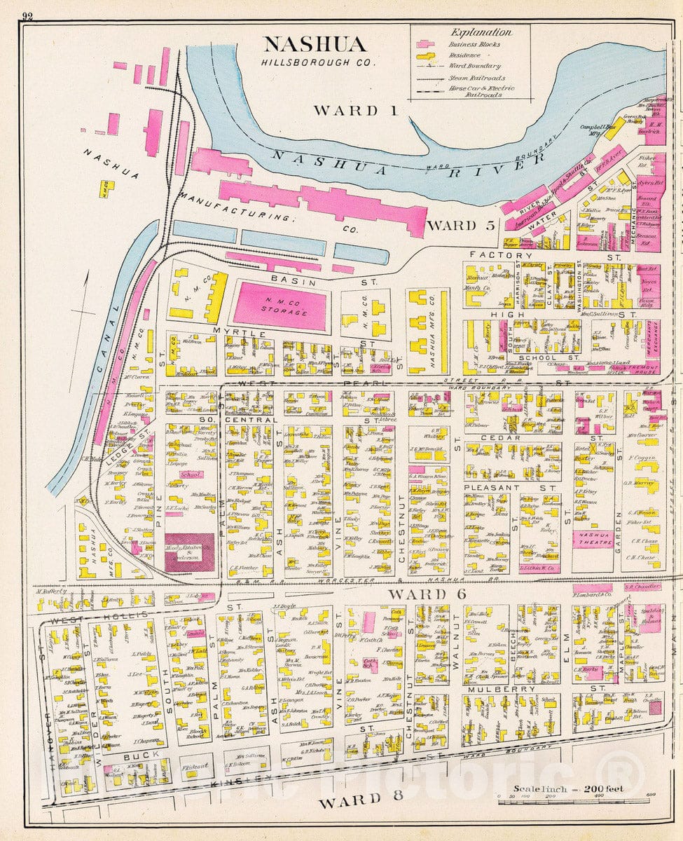 Historic Map : 1892 Nashua, Ward 1, 5-6, 8. - Vintage Wall Art