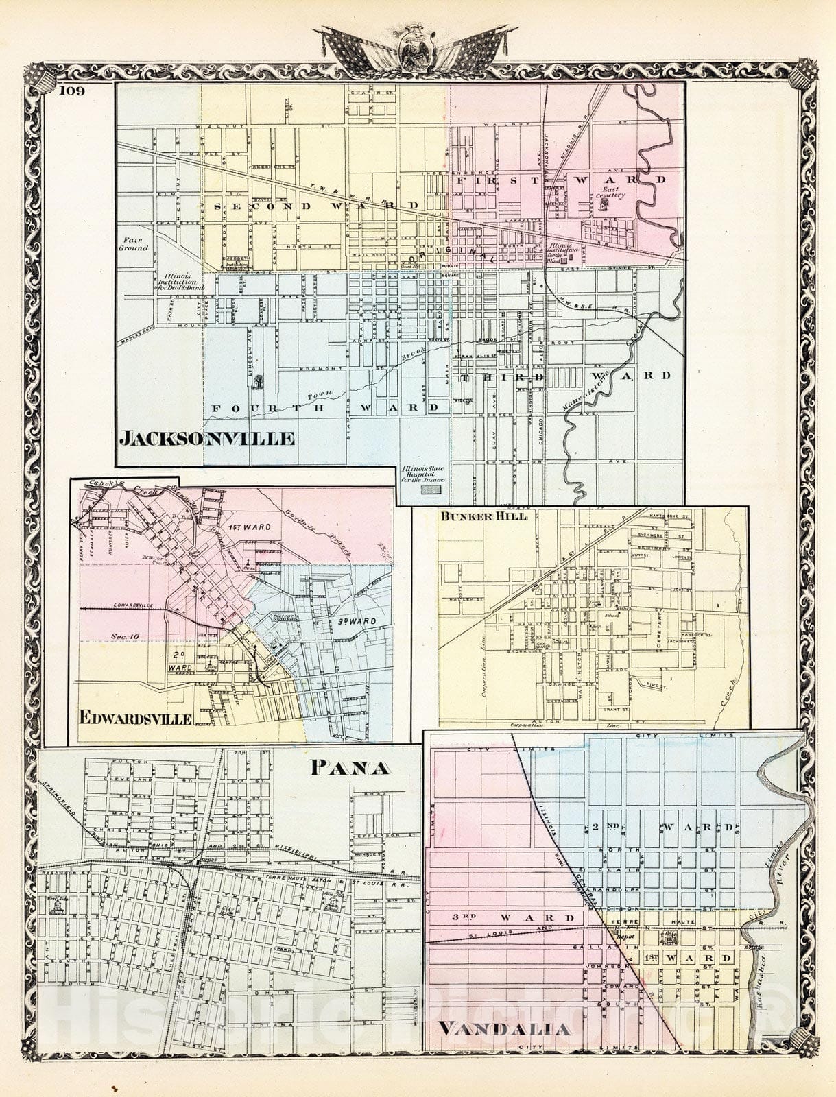 Historic Map : 1876 Jacksonville, Edwardsville, Pana, Vandalia and Bunker Hill. - Vintage Wall Art
