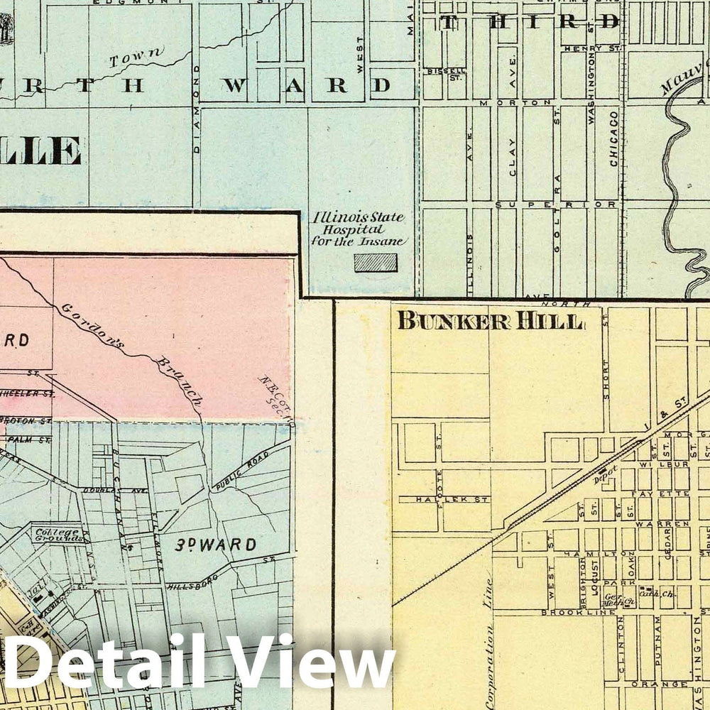 Historic Map : 1876 Jacksonville, Edwardsville, Pana, Vandalia and Bunker Hill. - Vintage Wall Art