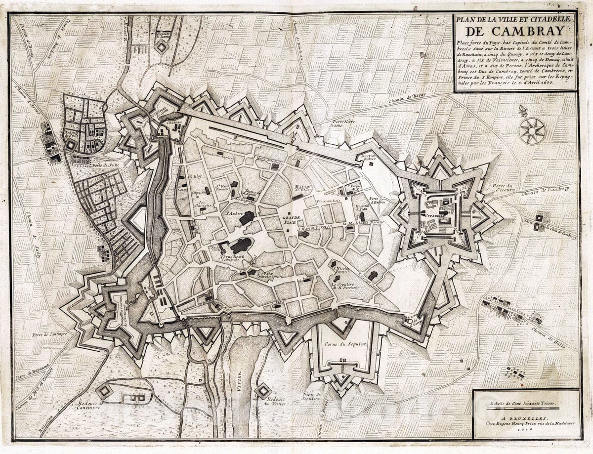 Historic Map : Cambrai , France, 1710 71. Plan de la Ville et Citadelle de Cambray (Cambrai), France. 1710. , Vintage Wall Art