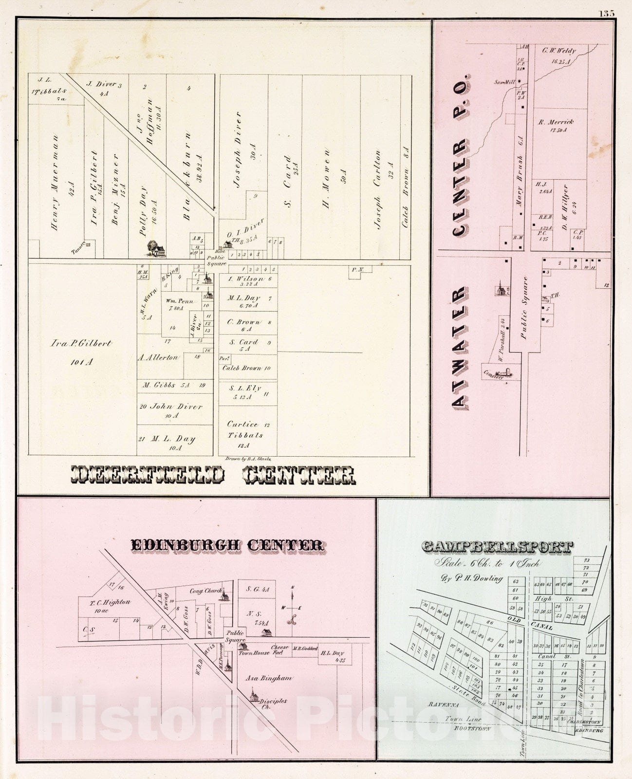 Historic Map : 1874 Deerfield Center. Edinburgh Center. Atwater Center P.O. Camp Bellsport, Portage County, Ohio. - Vintage Wall Art