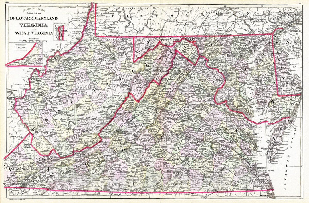 Historic Map : Delaware, 1890 Del, Md, Va, W. Va. , Vintage Wall Art