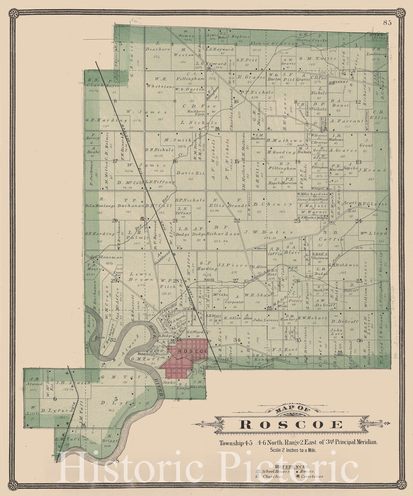 Historic Map : 1886 Roscoe Township, Winnebago County, Illinois. - Vintage Wall Art