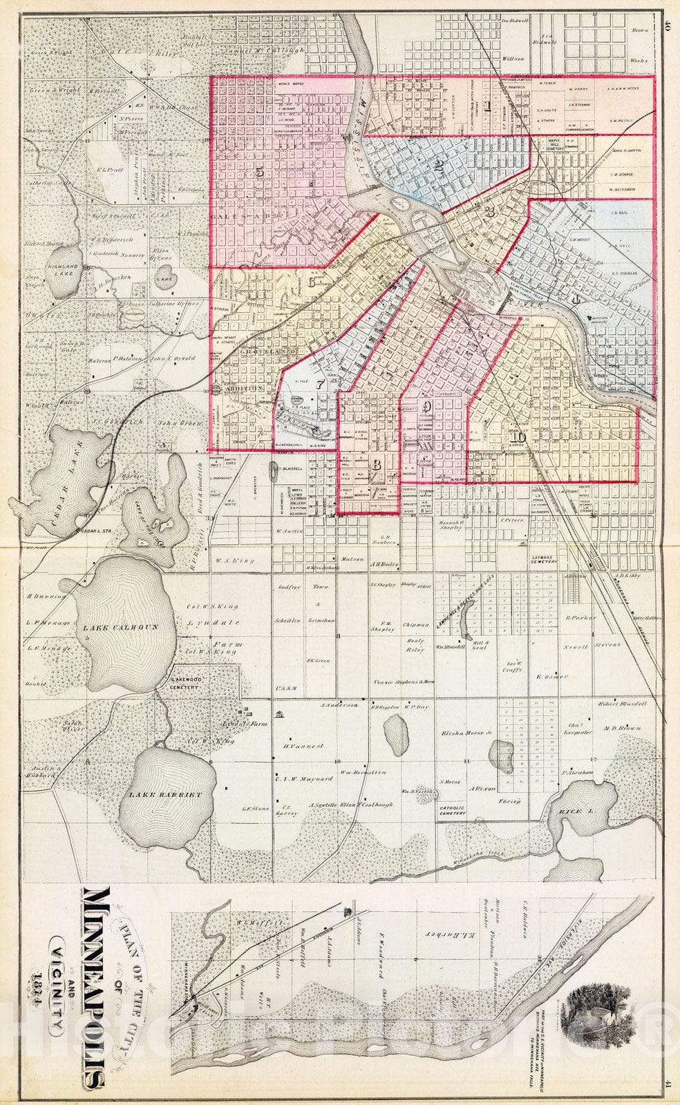 Historic Map : 1874 Plan of the City of Minneapolis and vicinity, with Minnehaha Falls. - Vintage Wall Art