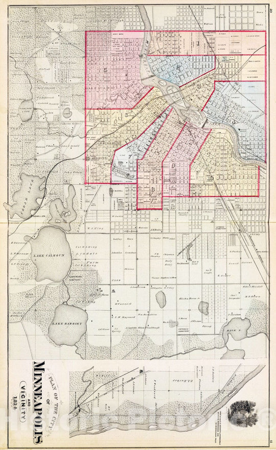 Historic Map : 1874 Plan of the City of Minneapolis and vicinity, with Minnehaha Falls. - Vintage Wall Art