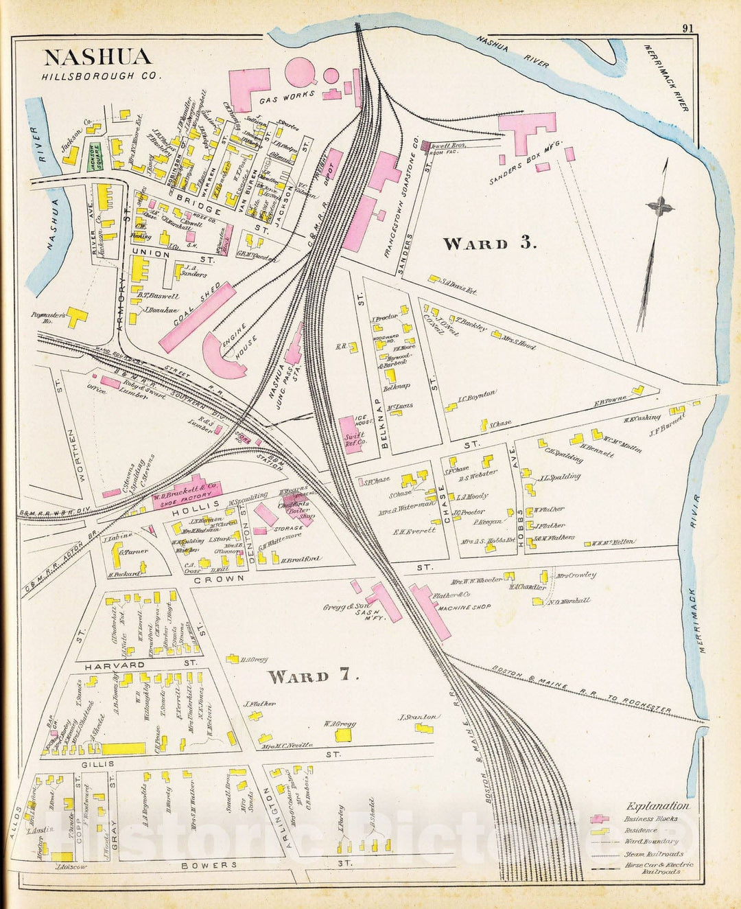 Historic Map : 1892 Nashua, Ward 3, 7. - Vintage Wall Art