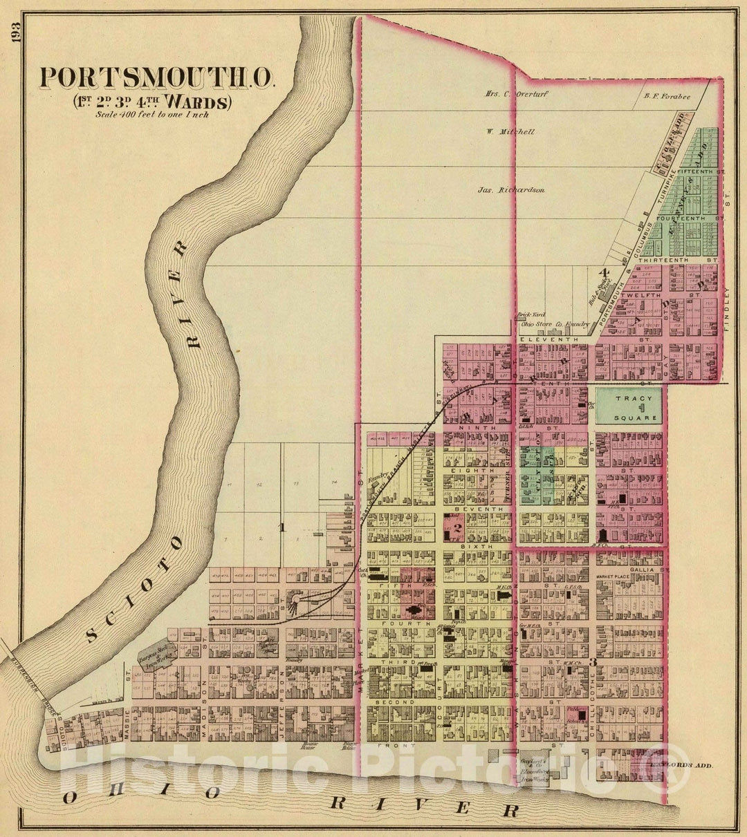 Historic Map : 1877 Portsmouth, O, 1st, 2d, 3d, 4th wards. - Vintage Wall Art