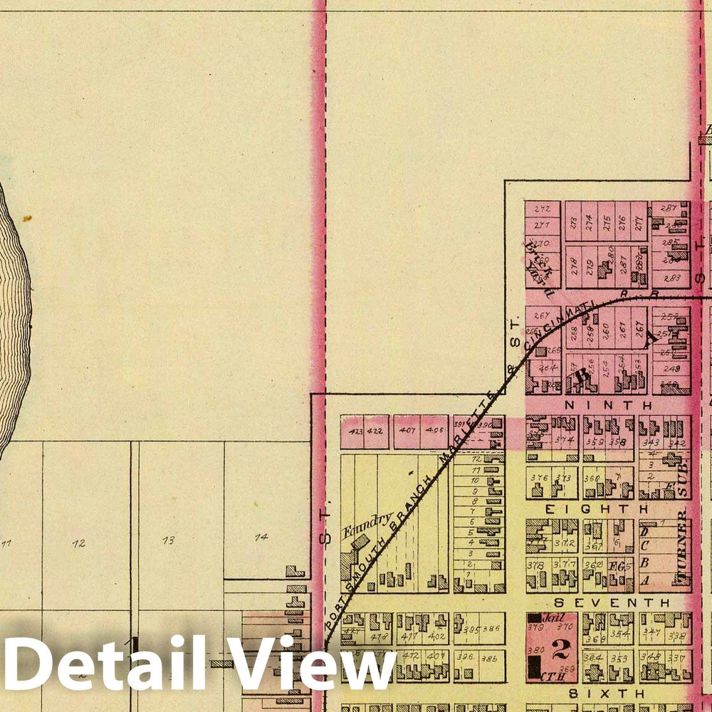 Historic Map : 1877 Portsmouth, O, 1st, 2d, 3d, 4th wards. - Vintage Wall Art
