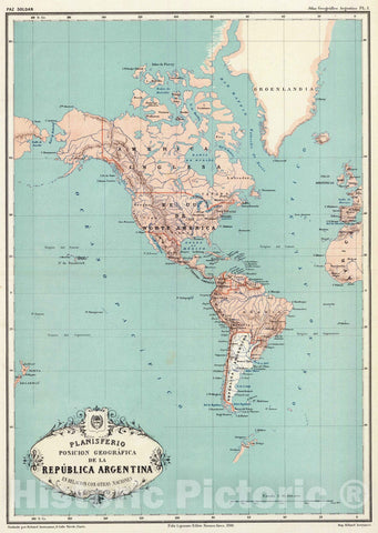 Historic Map : Argentina, , Western Hemisphere 1888 Planisferio, posicion geografica de la Republica Argentina. , Vintage Wall Art