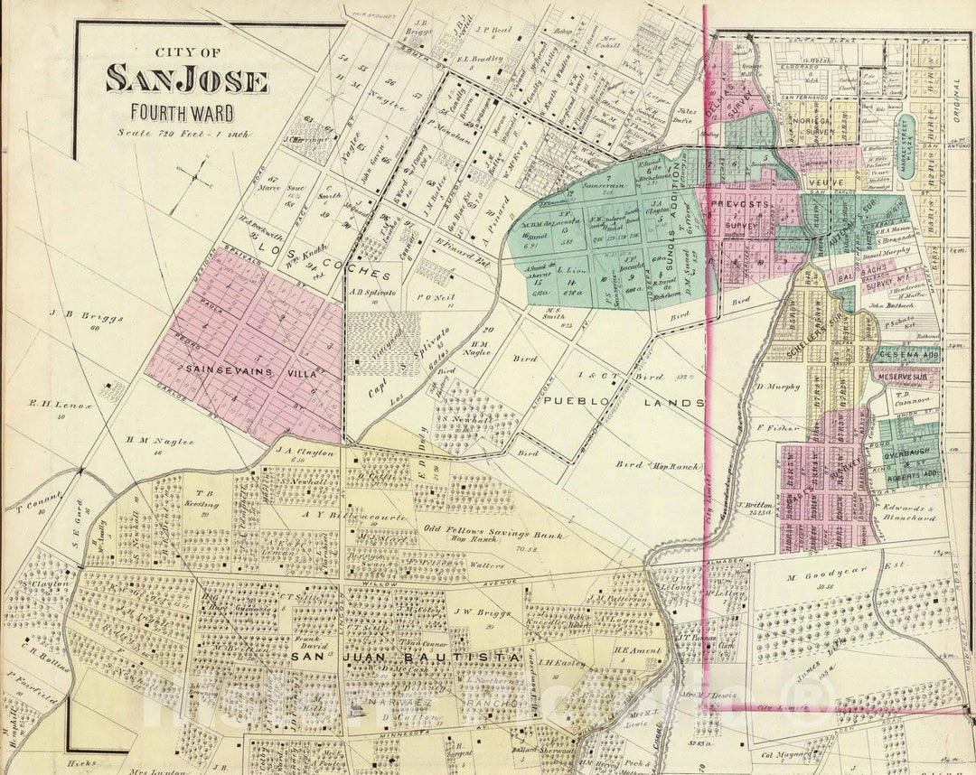 Historic Map : 1876 San Jose 4th ward. - Vintage Wall Art