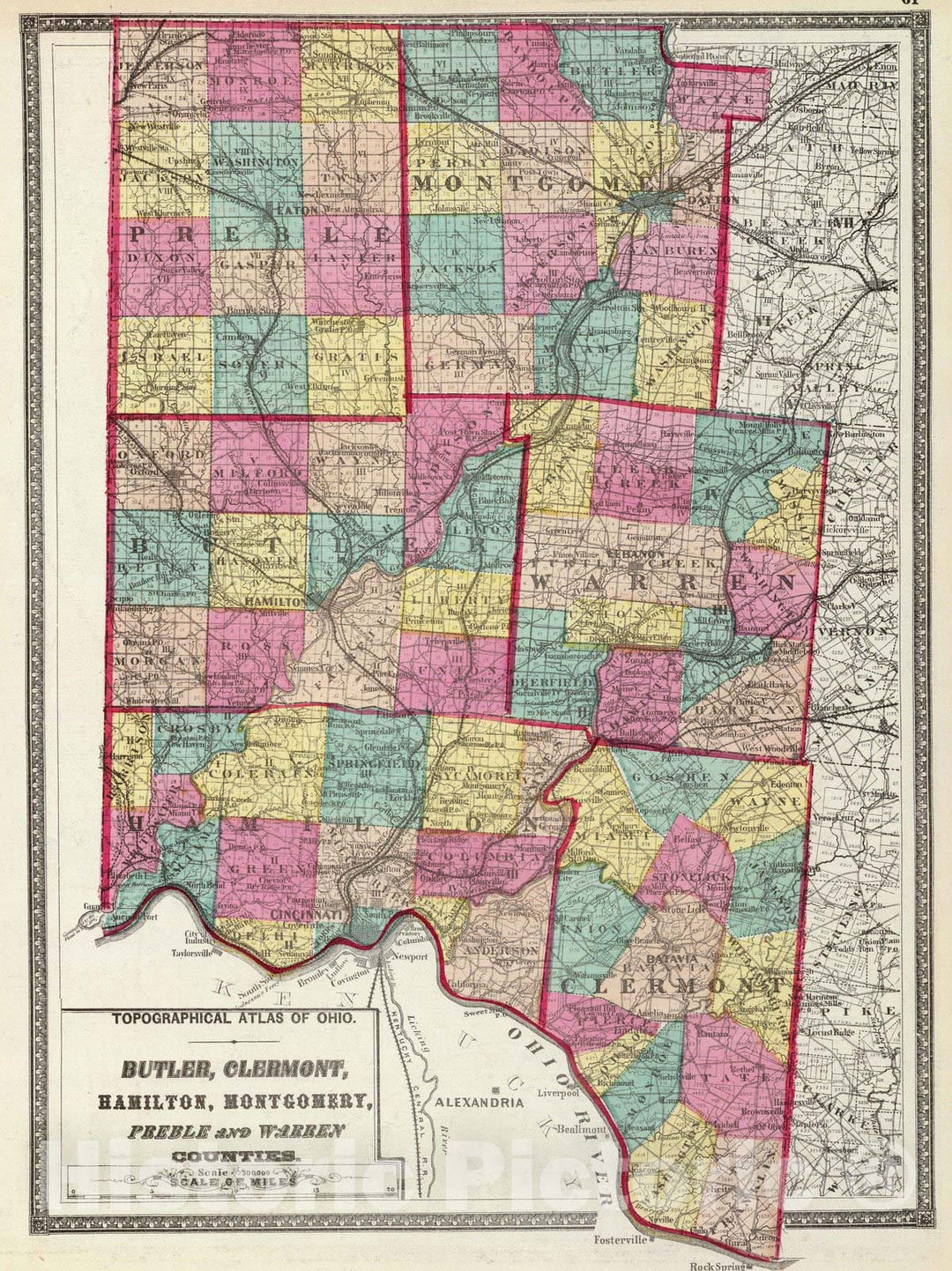 Historic Map : 1872 Butler, Clermont, Hamilton, Montgomery, Preble and Warren counties. - Vintage Wall Art