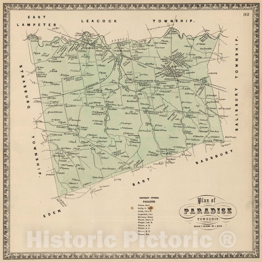 Historic Map : 1864 Paradise Township, Lancaster County, Pennsylvania. - Vintage Wall Art