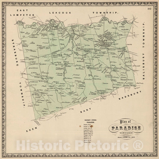 Historic Map : 1864 Paradise Township, Lancaster County, Pennsylvania. - Vintage Wall Art