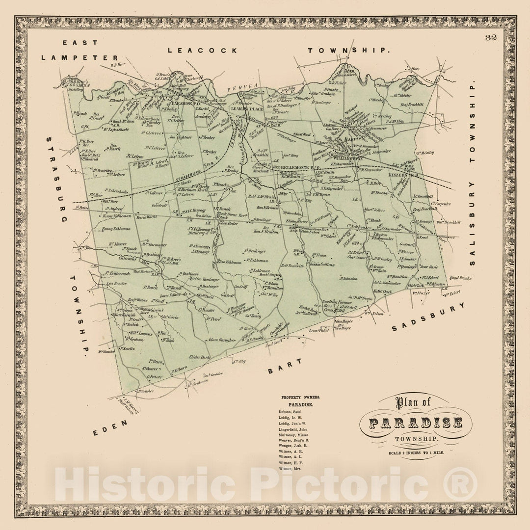 Historic Map : 1864 Paradise Township, Lancaster County, Pennsylvania. - Vintage Wall Art
