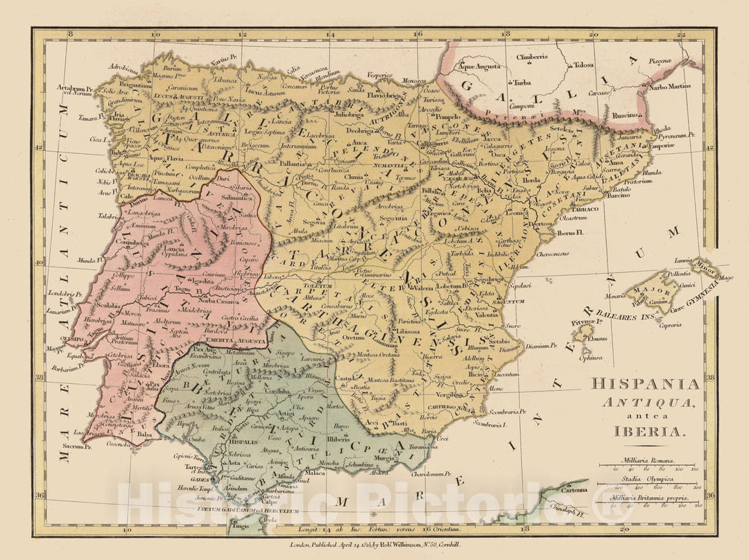 Historic Map : Spain; Portugal, Iberian Peninsula 1815 Hispania Antiqua antea Iberia. , Vintage Wall Art