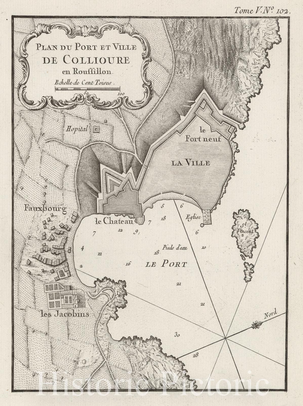 Historic Map : France , Collioure France, Languedoc 1764 Plan du port et ville de Collioure en Roussillon. , Vintage Wall Art