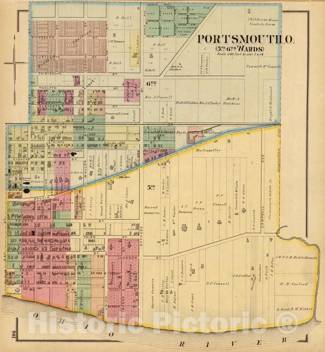 Historic Wall Map : 1877 Portsmouth, O, 5th, 6th wards. - Vintage Wall Art