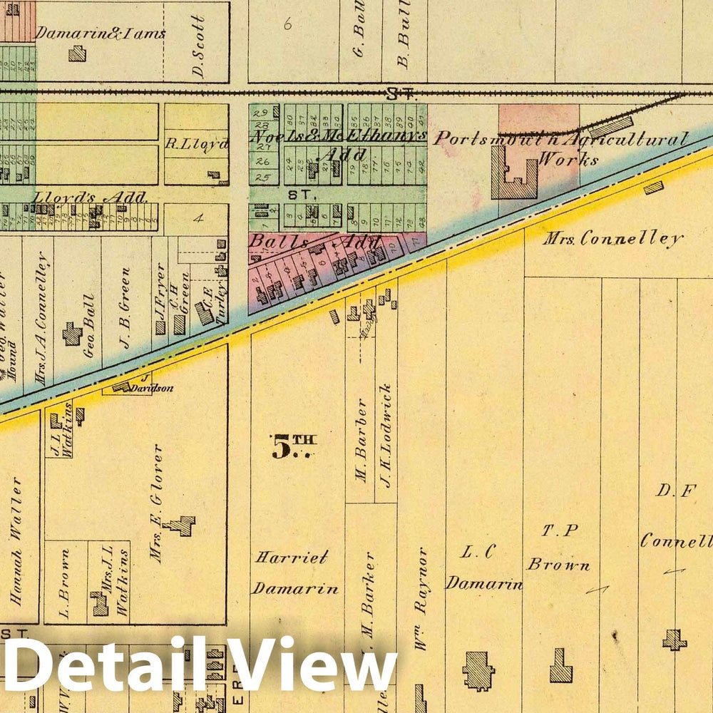 Historic Wall Map : 1877 Portsmouth, O, 5th, 6th wards. - Vintage Wall Art