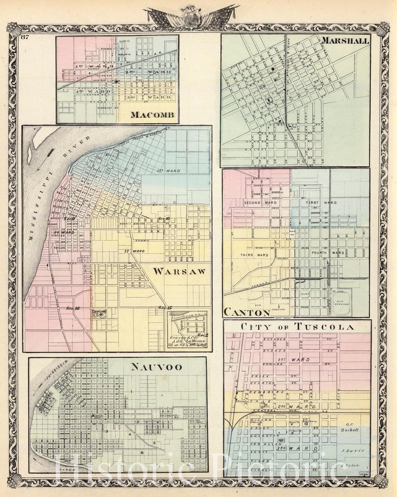Historic Map : 1876 Warsaw, Macomb, Marshall, Canton, Nauvoo and City of Tuscola. - Vintage Wall Art