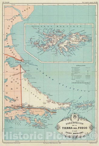 Historic Map : Argentina, Falkland Islands 1888 Gobernacion de la Tierra del Fuego, Islas Malvinas. , Vintage Wall Art