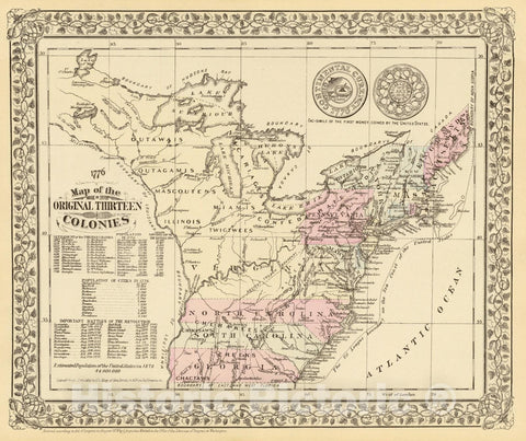 Historic Map : 1880 13 colonies 1776. - Vintage Wall Art