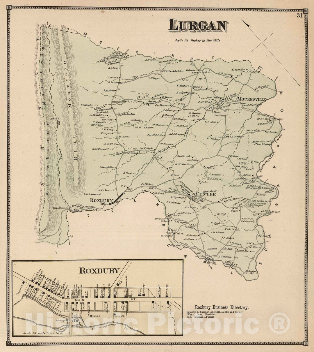 Historic Map : 1868 Lurgan, Franklin County, Pennsylvania. Roxbury. - Vintage Wall Art