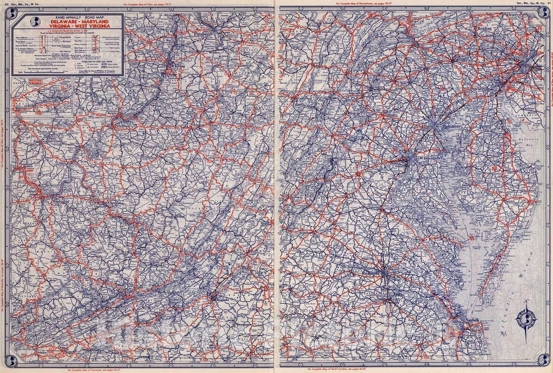 Historic Map : National Atlas - 1939 Rand McNally Road map: Delaware - Maryland, Virginia - West Virginia - Vintage Wall Art