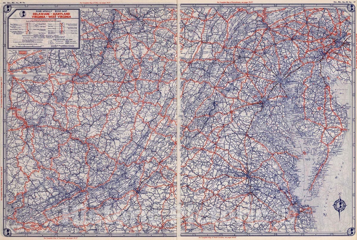 Historic Map : National Atlas - 1939 Rand McNally Road map: Delaware - Maryland, Virginia - West Virginia - Vintage Wall Art