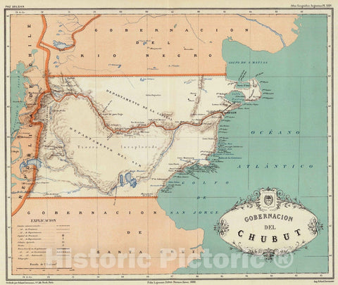 Historic Map : Argentina, Chubut (Argentina) 1888 Gobernacion de Chubut. , Vintage Wall Art